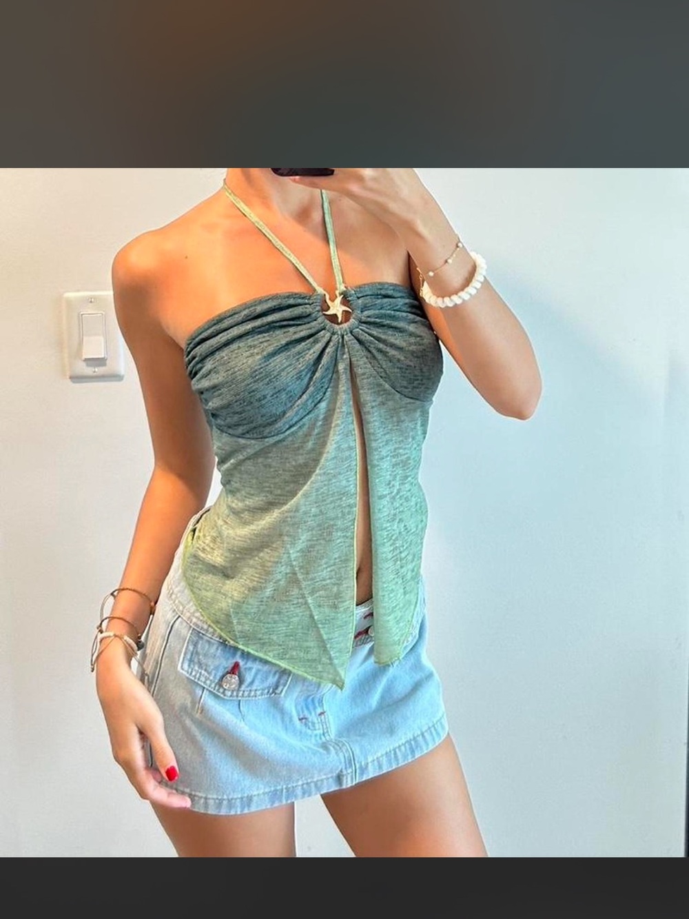 Edikted Two-Tone Green Halter Twist-Front Camisole